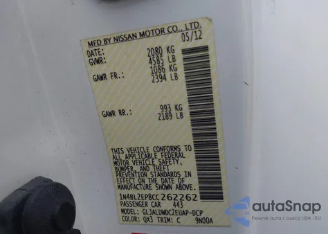 2012 Nissan Altima 3.5 Sr z USA, uszkodzony, nr VIN 1N4BL2EP8CC262262